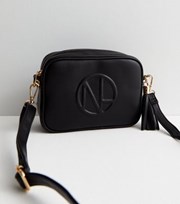 New Look Black Leather-Look Embossed Logo Cross Body Bag